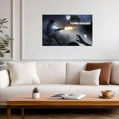 Rise of the Tomb Raider Poster | Lara Croft Firing a Rifle at a Bear - Video Games Poster