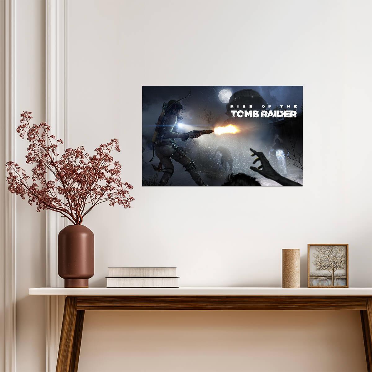 Rise of the Tomb Raider Poster | Lara Croft Firing a Rifle at a Bear - Video Games Poster