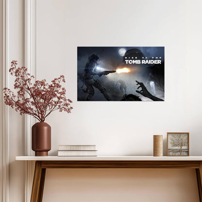 Rise of the Tomb Raider Poster | Lara Croft Firing a Rifle at a Bear - Video Games Poster