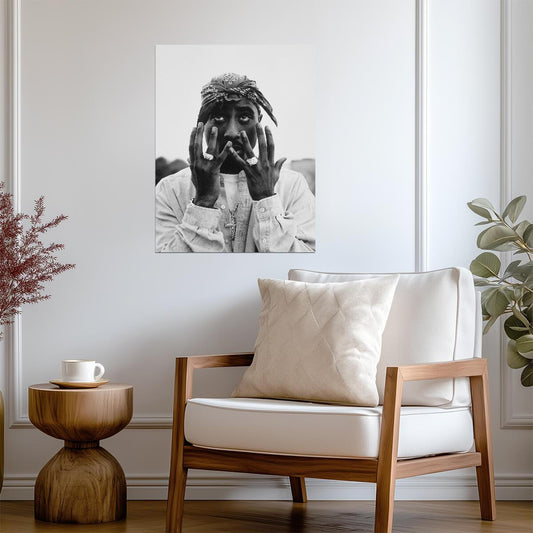 2Pac Photo Poster | Black and White Portrait with Raised Hands - Music Poster