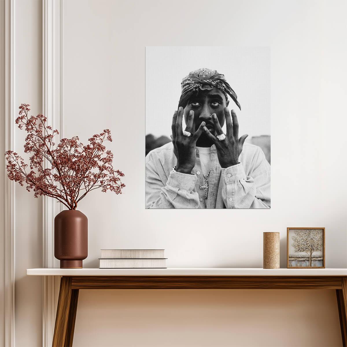 2Pac Photo Poster | Black and White Portrait with Raised Hands - Music Poster