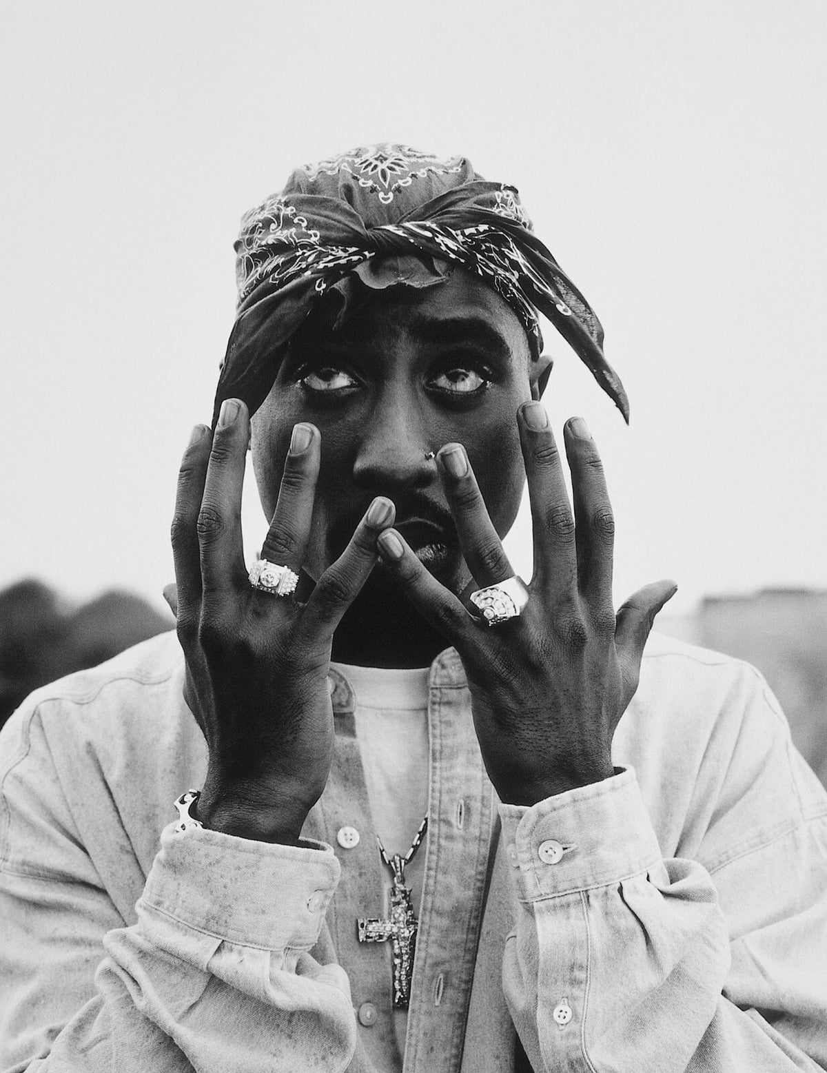 2Pac Photo Poster | Black and White Portrait with Raised Hands - Music Poster