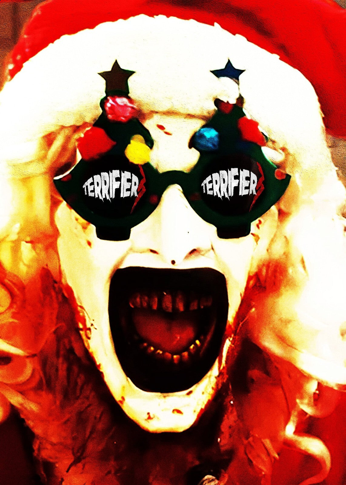 Terrifier 3 Movie Poster | Art the Clown with Christmas Ornament Eyes - Movies & TV Poster