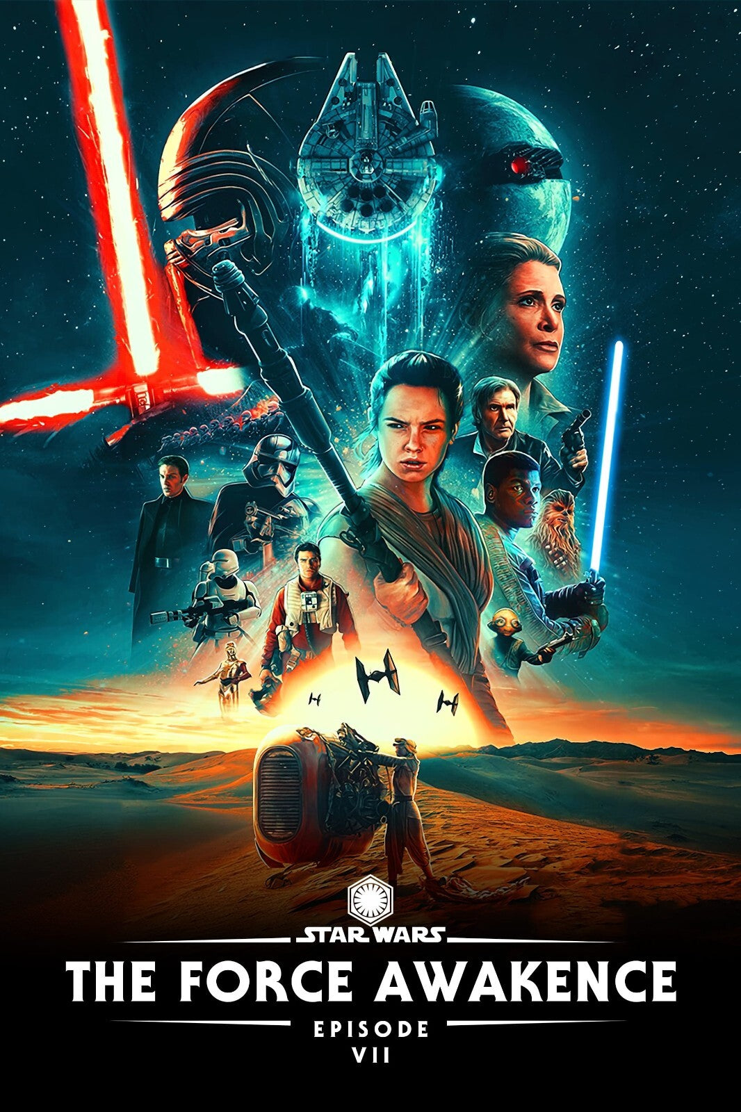 Star Wars The Force Awakens Movie Poster | Rey and Kylo Ren Blue Graphic Montage - Movies & TV Poster