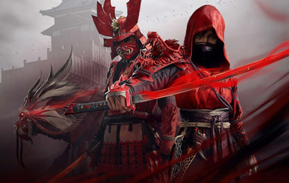Assassin's Creed Shadows Poster | Naoe and Yasuke | Red and Black Illustration - Video Games Poster