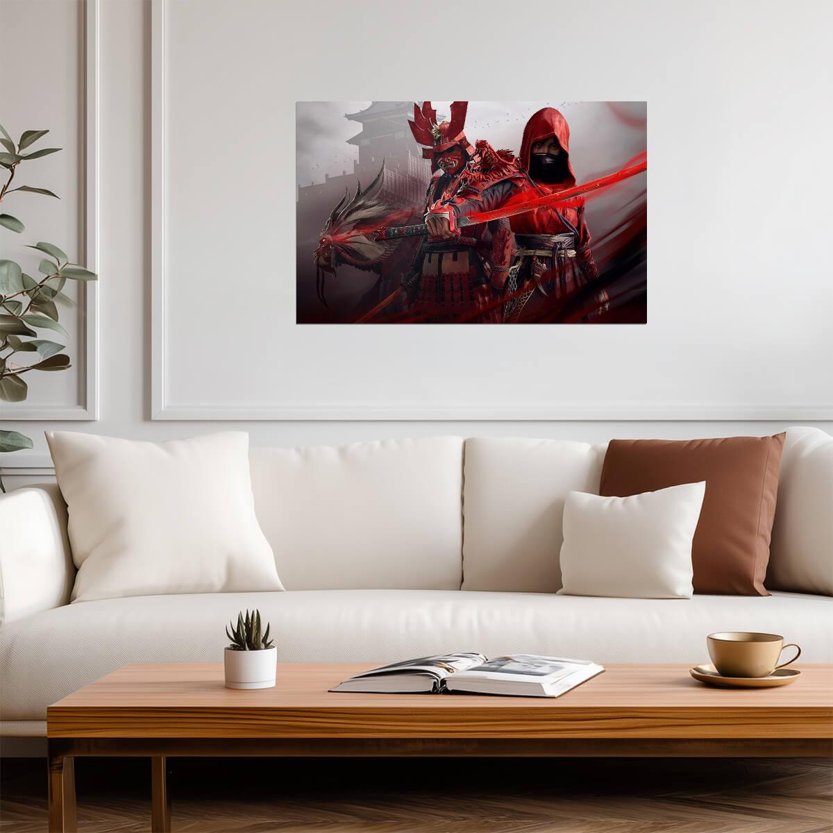 Assassin's Creed Shadows Poster | Naoe and Yasuke | Red and Black Illustration - Video Games Poster