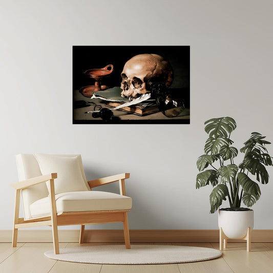 Skull and Books | Vanitas Still Life Painting Print Poster