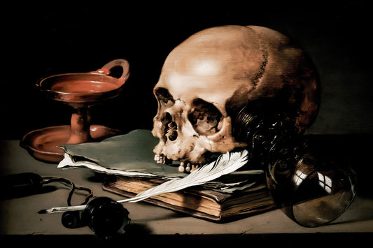 Skull and Books | Vanitas Still Life Painting Print Poster