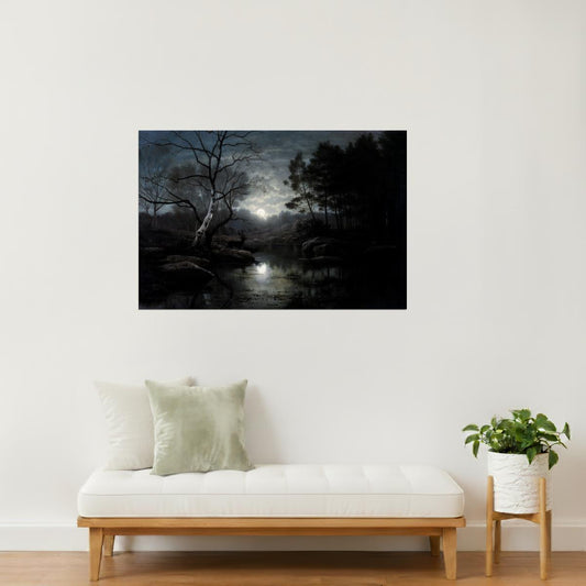 Moonlit Lake in Night Forest | Dark Academia Painting Print Poster