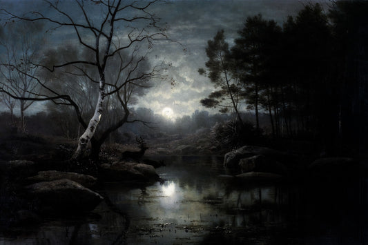 Moonlit Lake in Night Forest | Dark Academia Painting Print Poster