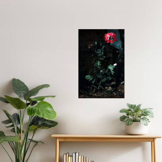 Red Poppy with Butterfly | Dark Floral Art Print Poster