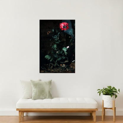 Red Poppy with Butterfly | Dark Floral Art Print Poster