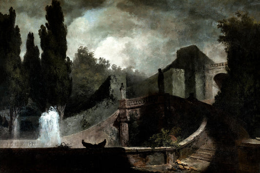 Ancient Ruins with Waterfall | Romantic Landscape Wall Art Poster