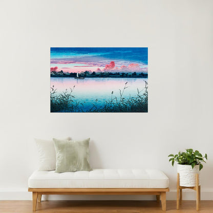 Japanese Sunset Over Lake | Minimalist Landscape Wall Art Poster