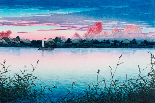 Japanese Sunset Over Lake | Minimalist Landscape Wall Art Poster