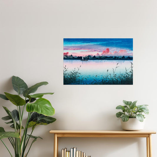 Japanese Sunset Over Lake | Minimalist Landscape Wall Art Poster