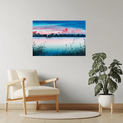 Japanese Sunset Over Lake | Minimalist Landscape Wall Art Poster