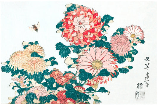 Chrysanthemums with Bee | Vintage Japanese Botanical Print Poster