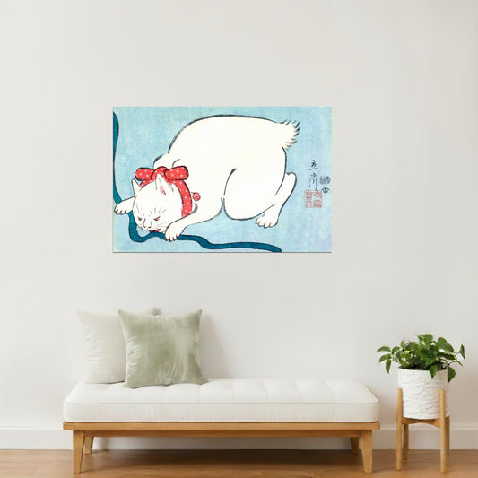 White Cat with Red Ribbon | Japanese Vintage Art Print Poster
