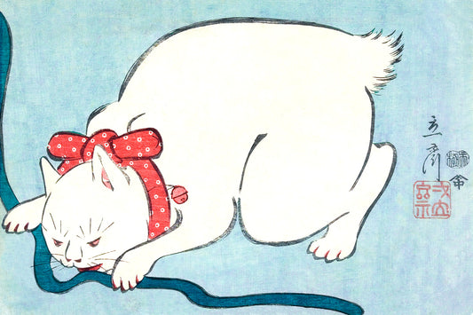White Cat with Red Ribbon | Japanese Vintage Art Print Poster