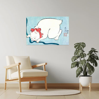 White Cat with Red Ribbon | Japanese Vintage Art Print Poster