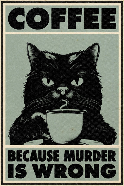 Coffee Because Murder Is Wrong | Funny Black Cat Retro Kitchen Wall Art Poster