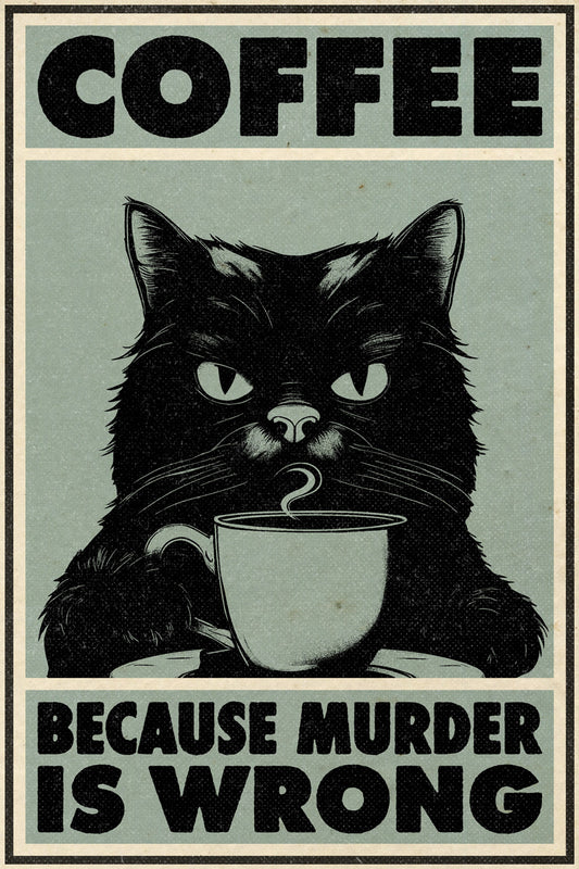 Coffee Because Murder Is Wrong | Funny Black Cat Retro Kitchen Wall Art Poster