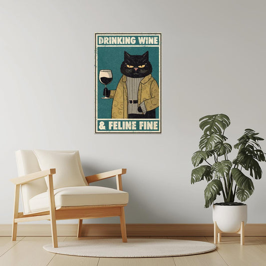 Drinking Wine and Feline Fine | Funny Cat Bar Wall Art Poster