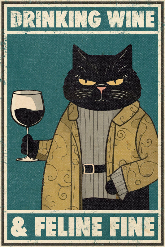 Drinking Wine and Feline Fine | Funny Cat Bar Wall Art Poster