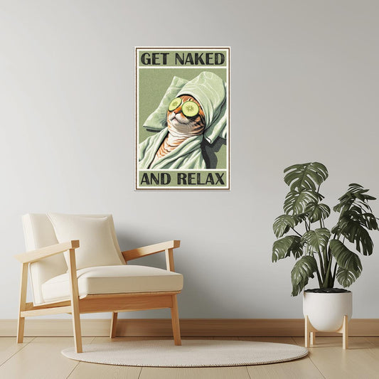 Get Naked and Relax | Retro Cat Bathroom Wall Art Poster
