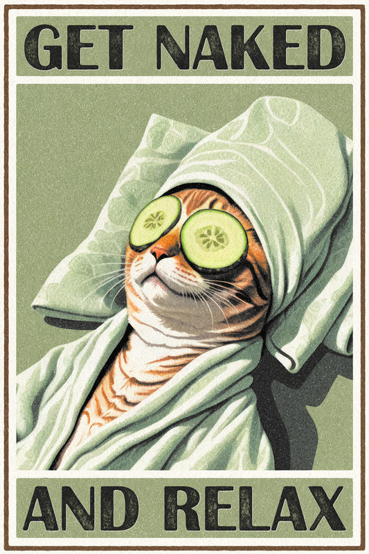 Get Naked and Relax | Retro Cat Bathroom Wall Art Poster