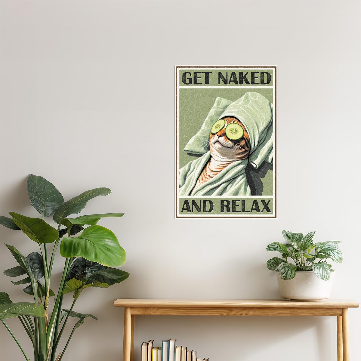 Get Naked and Relax | Retro Cat Bathroom Wall Art Poster
