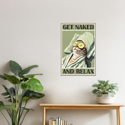 Get Naked and Relax | Retro Cat Bathroom Wall Art Poster