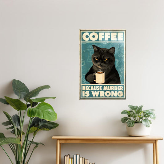 Coffee Because Murder Is Wrong | Retro Black Cat Funny Bar Wall Art Poster