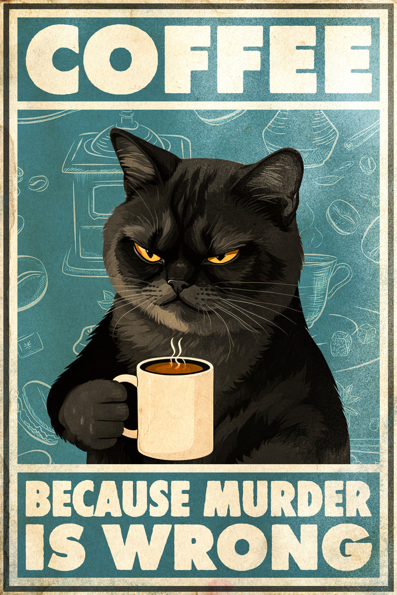 Coffee Because Murder Is Wrong | Retro Black Cat Funny Bar Wall Art Poster