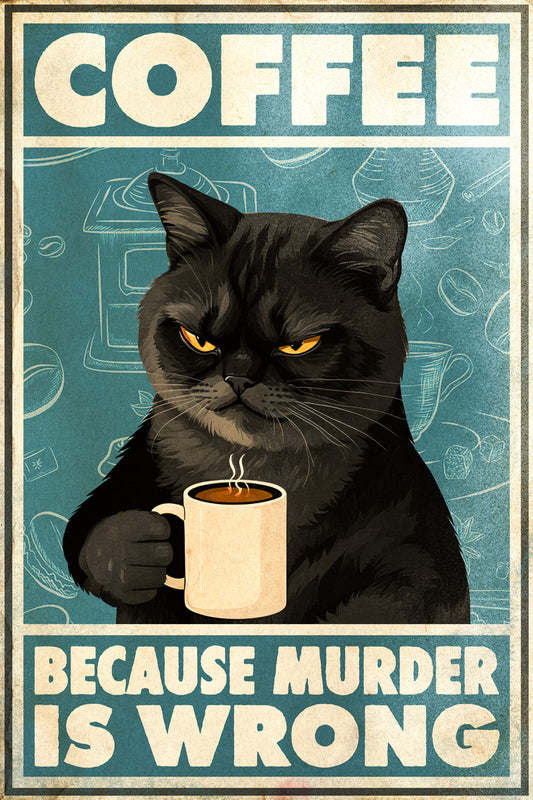 Coffee Because Murder Is Wrong | Retro Black Cat Funny Bar Wall Art Poster