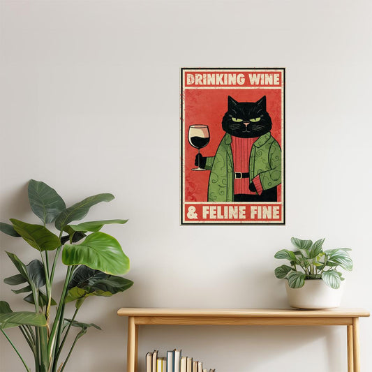 Drinking Wine and Feline Fine | Funny Cat Vintage Kitchen Bar Wall Art Poster