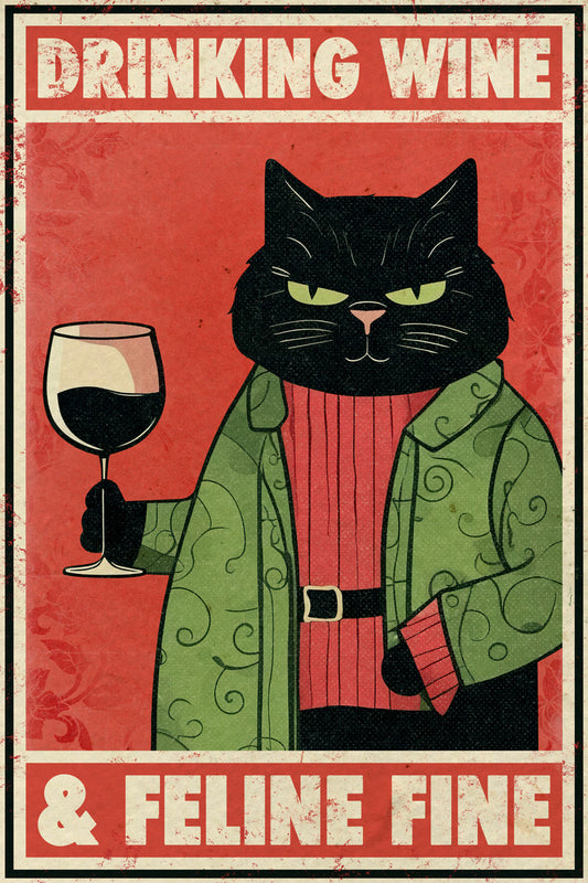 Drinking Wine and Feline Fine | Funny Cat Vintage Kitchen Bar Wall Art Poster