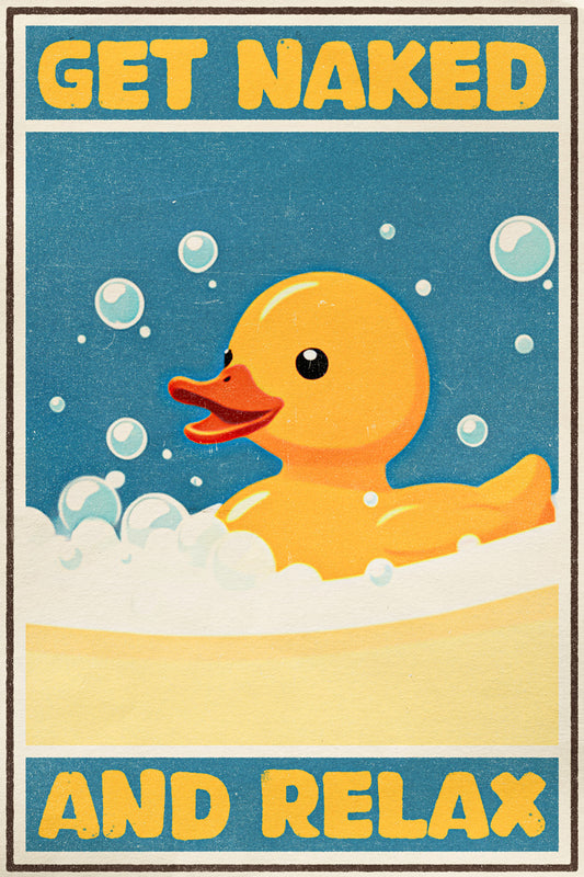 Get Naked and Relax | Funny Duck Bathroom Retro Wall Art Poster