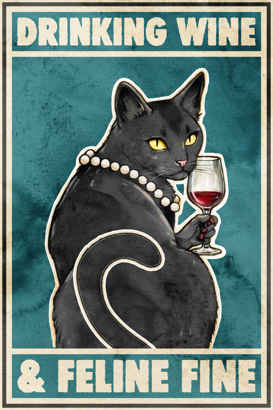 Drinking Wine and Feline Fine | Black Cat Retro Kitchen Bar Wall Art Poster