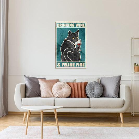 Drinking Wine and Feline Fine | Black Cat Retro Kitchen Bar Wall Art Poster