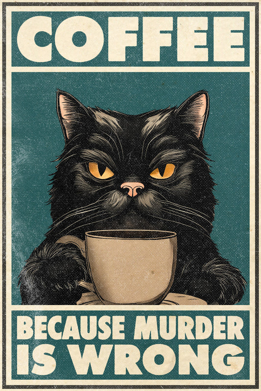 Coffee Because Murder Is Wrong | Funny Black Cat Vintage Wall Art Poster