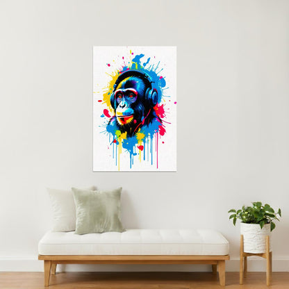 Monkey with Headphones | Colorful Graffiti DJ Wall Art Poster