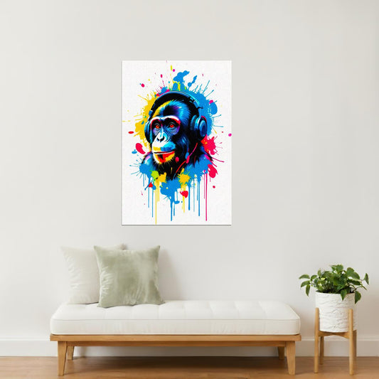 Monkey with Headphones | Colorful Graffiti DJ Wall Art Poster