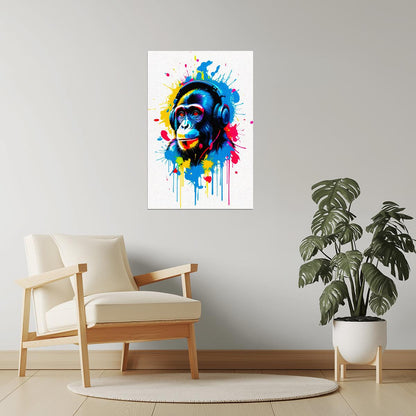 Monkey with Headphones | Colorful Graffiti DJ Wall Art Poster