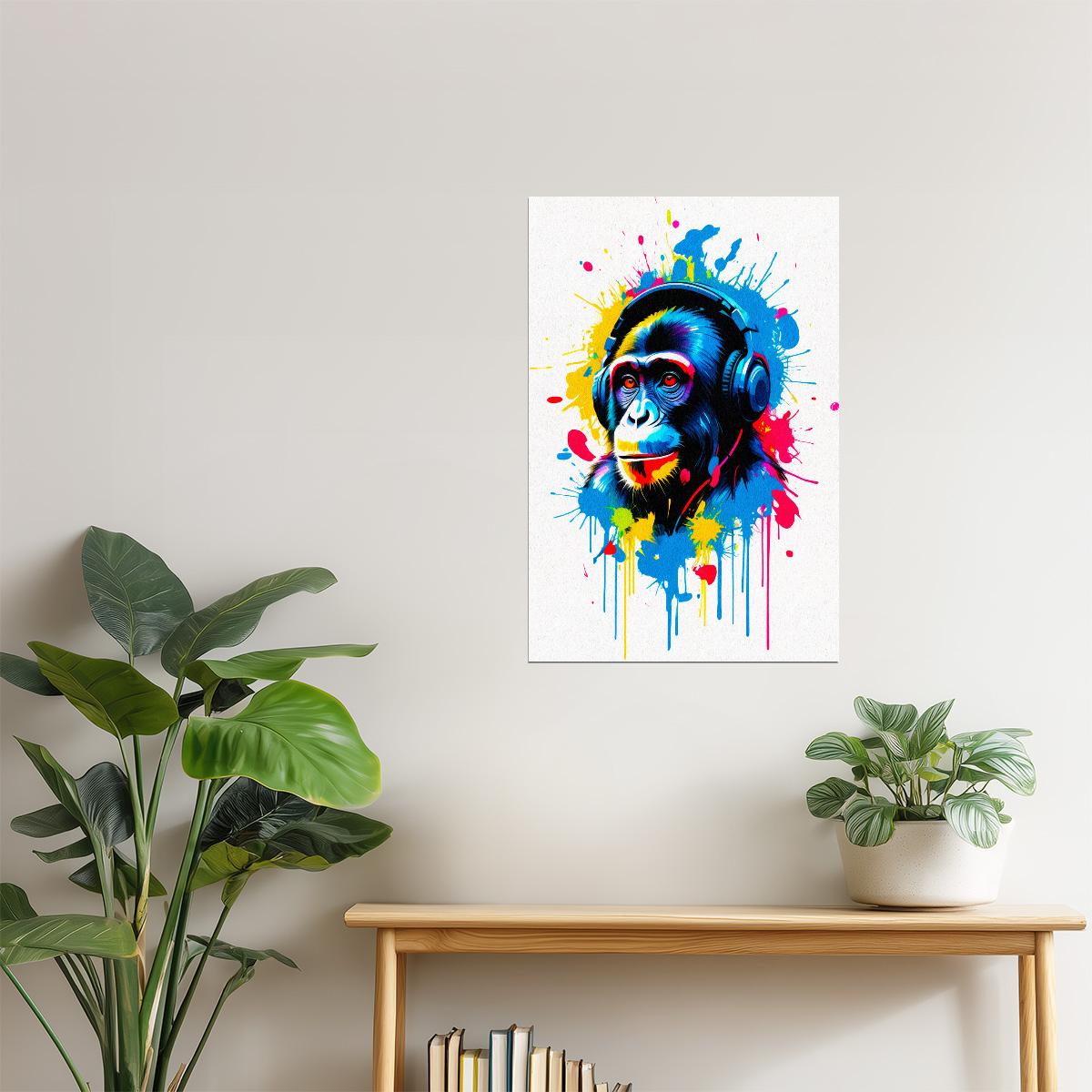 Monkey with Headphones | Colorful Graffiti DJ Wall Art Poster