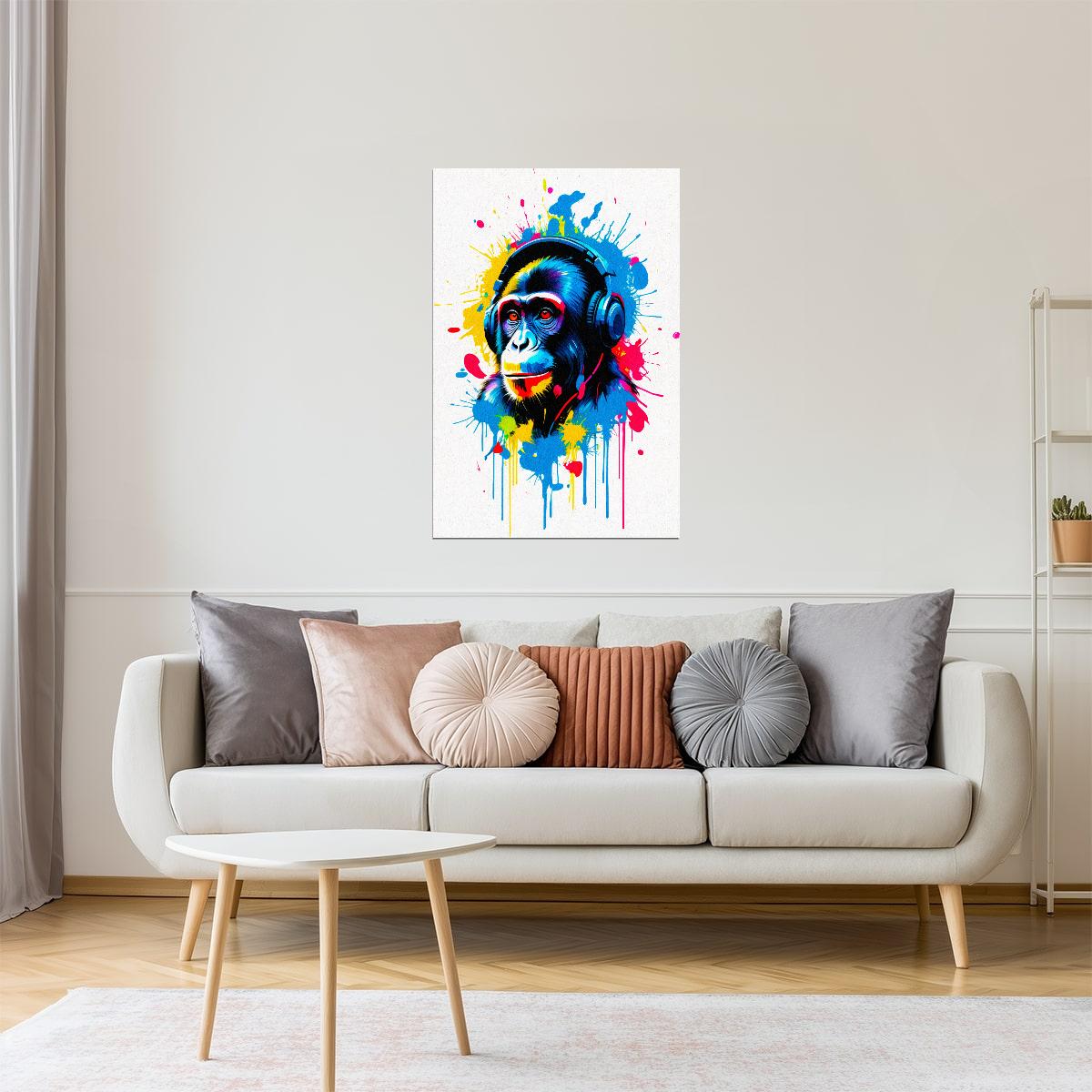Monkey with Headphones | Colorful Graffiti DJ Wall Art Poster