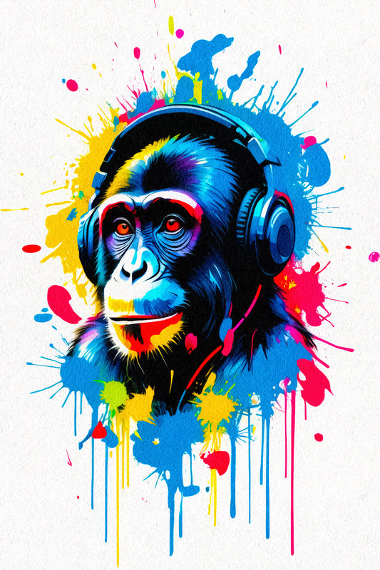 Monkey with Headphones | Colorful Graffiti DJ Wall Art Poster