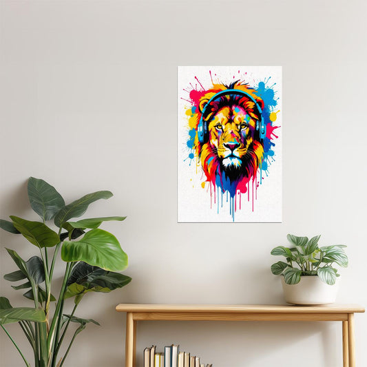 Lion with Headphones | Neon Pop Art Gamer Room Decor Poster