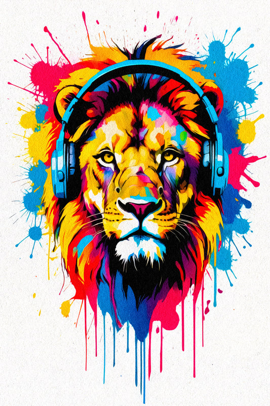 Lion with Headphones | Neon Pop Art Gamer Room Decor Poster